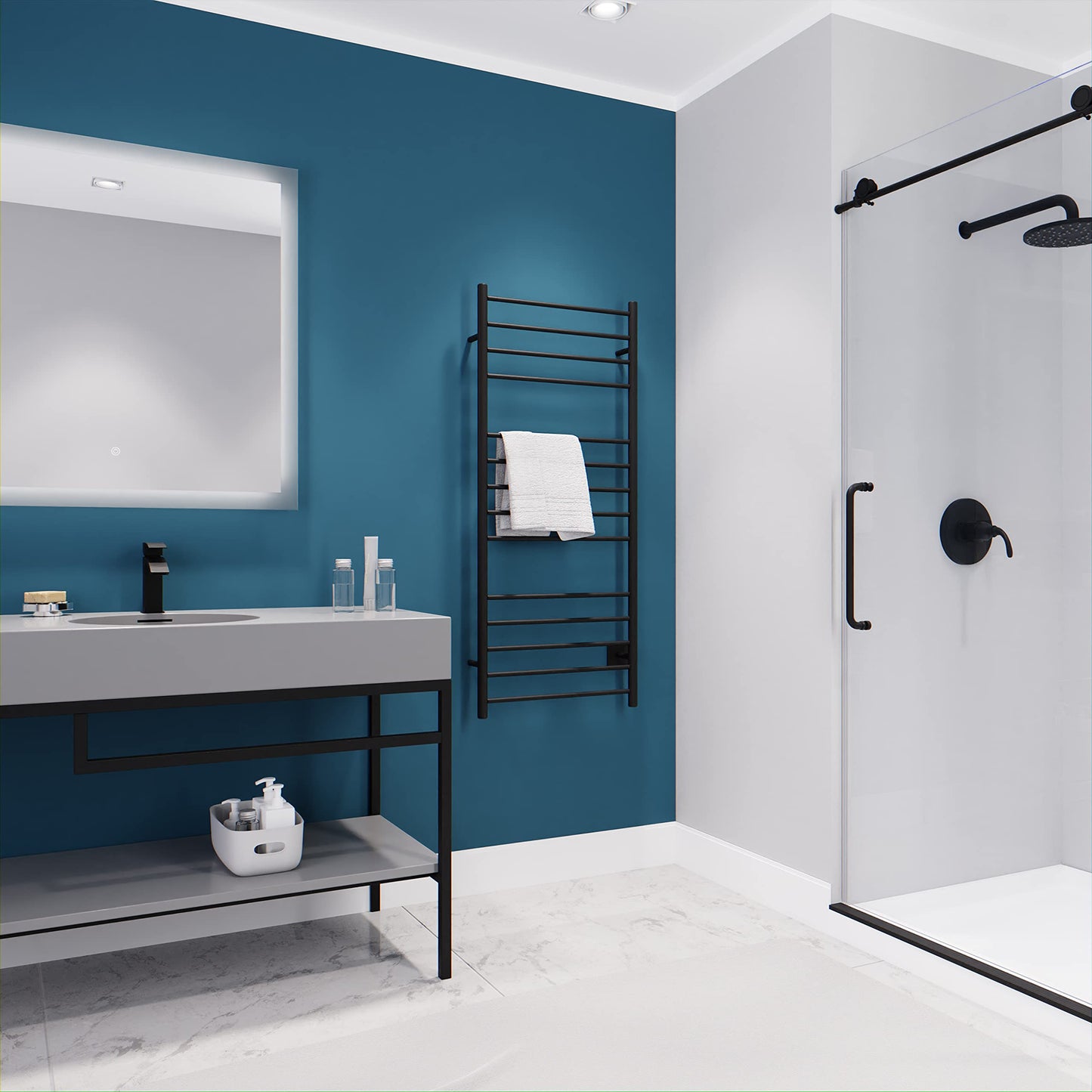 Elgon 14-Bar Stainless Steel Wall Mounted Towel Warmer Rack in Matte Black  160W Quick Warming ETL Tower Heater Rail  Hardwired Plug-in Towel Dryer  TW-WM105MB