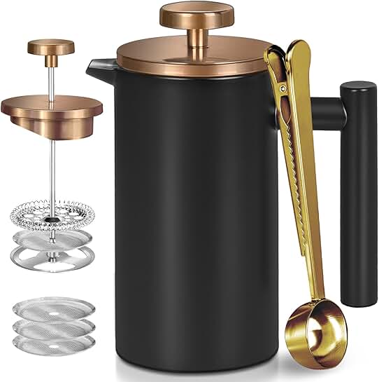 Black stainless steel French press with extras, 50oz