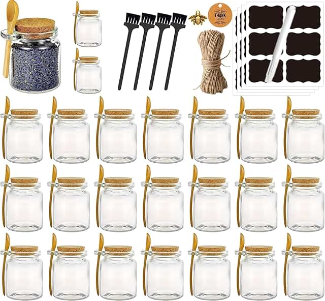 Set of 24 8oz Glass Jars with Spoons and Labels