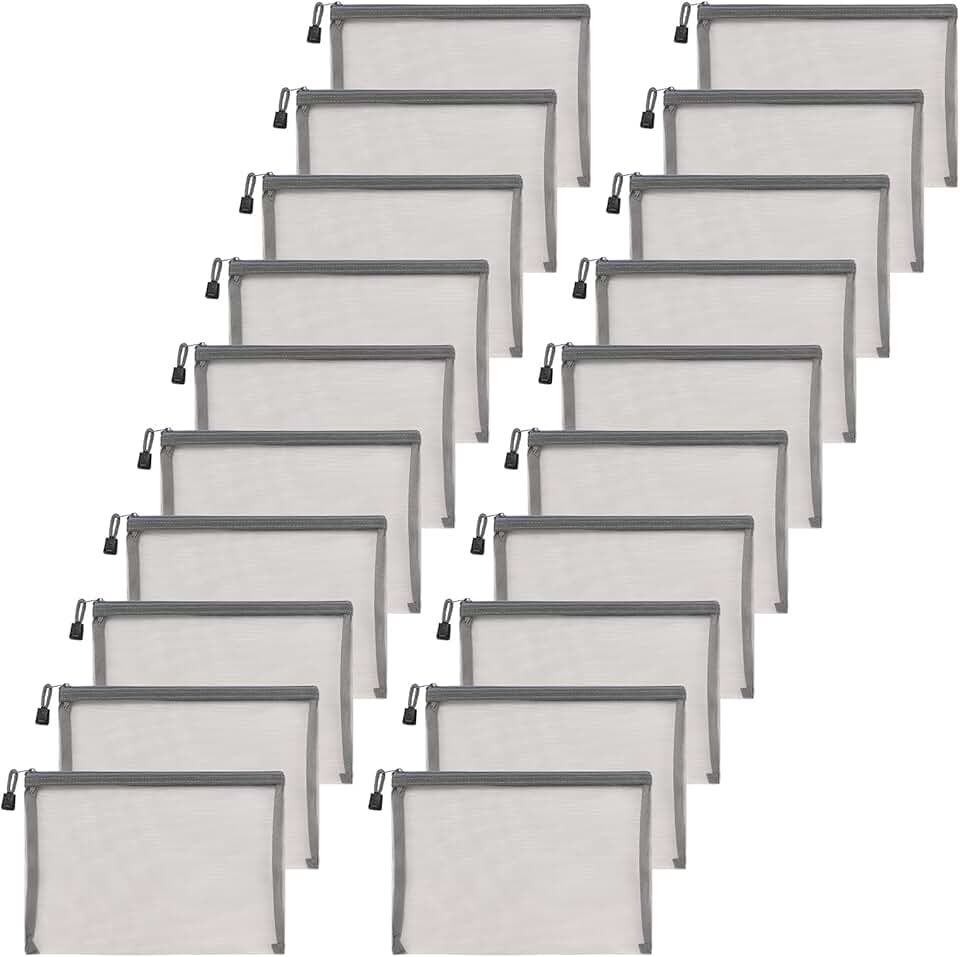 Set of 20 Gray Mesh Makeup and Pencil Bags, 9.5 x 7.1 inches