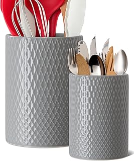 Set of 2 Large Ceramic Checkered Utensil Holders