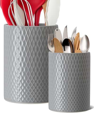 Set of 2 Large Ceramic Checkered Utensil Holders