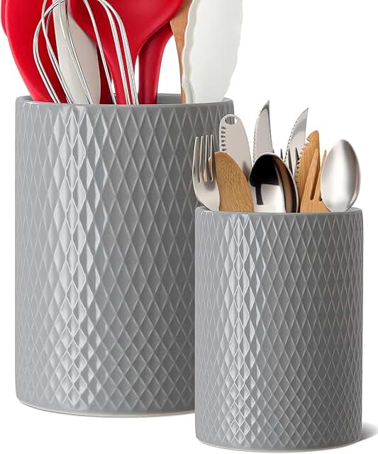 Set of 2 Large Ceramic Checkered Utensil Holders