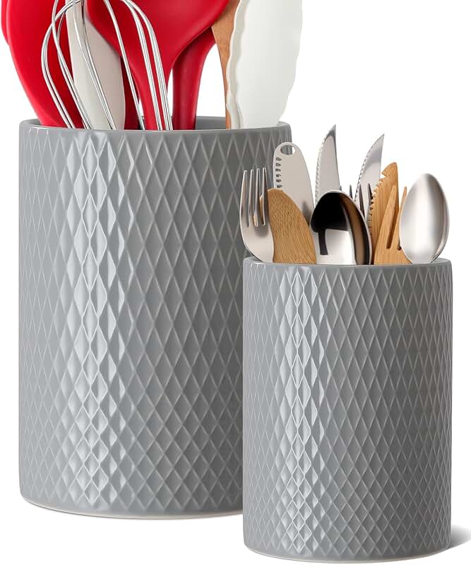 Set of 2 Large Ceramic Checkered Utensil Holders