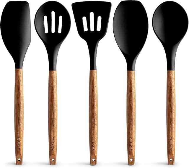 5-Piece Non-Stick Silicone Kitchen Utensil Set with Wooden Handles