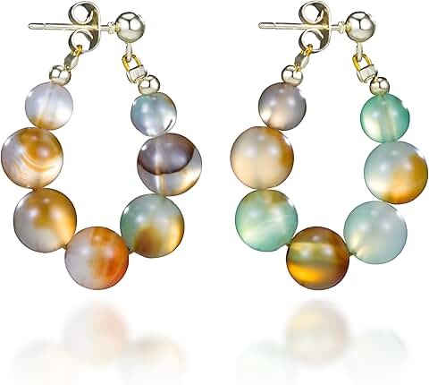 Tiger Eye Beaded Hoop Earrings in Gold Tone