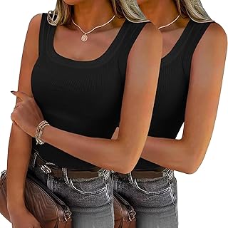 Women's Summer Ribbed Square Neck Tank Tops, 2 Pack