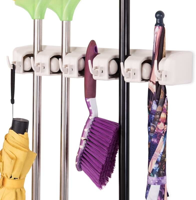 Wall Mount Mop and Broom Holder with Hooks