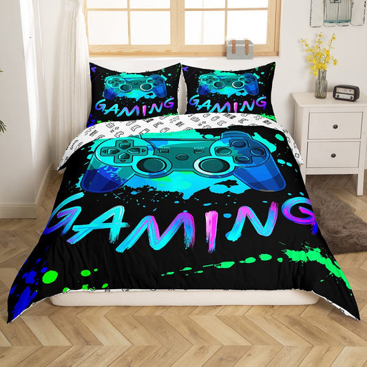Gaming Duvet Cover Set Queen Size Video Games Bedding Set 3pcs for Kids Boys Teens Modern Gamer Comforter Cover Colorful Buttons Controller Quilt Cover with 2 Pillowcases No Comforter)