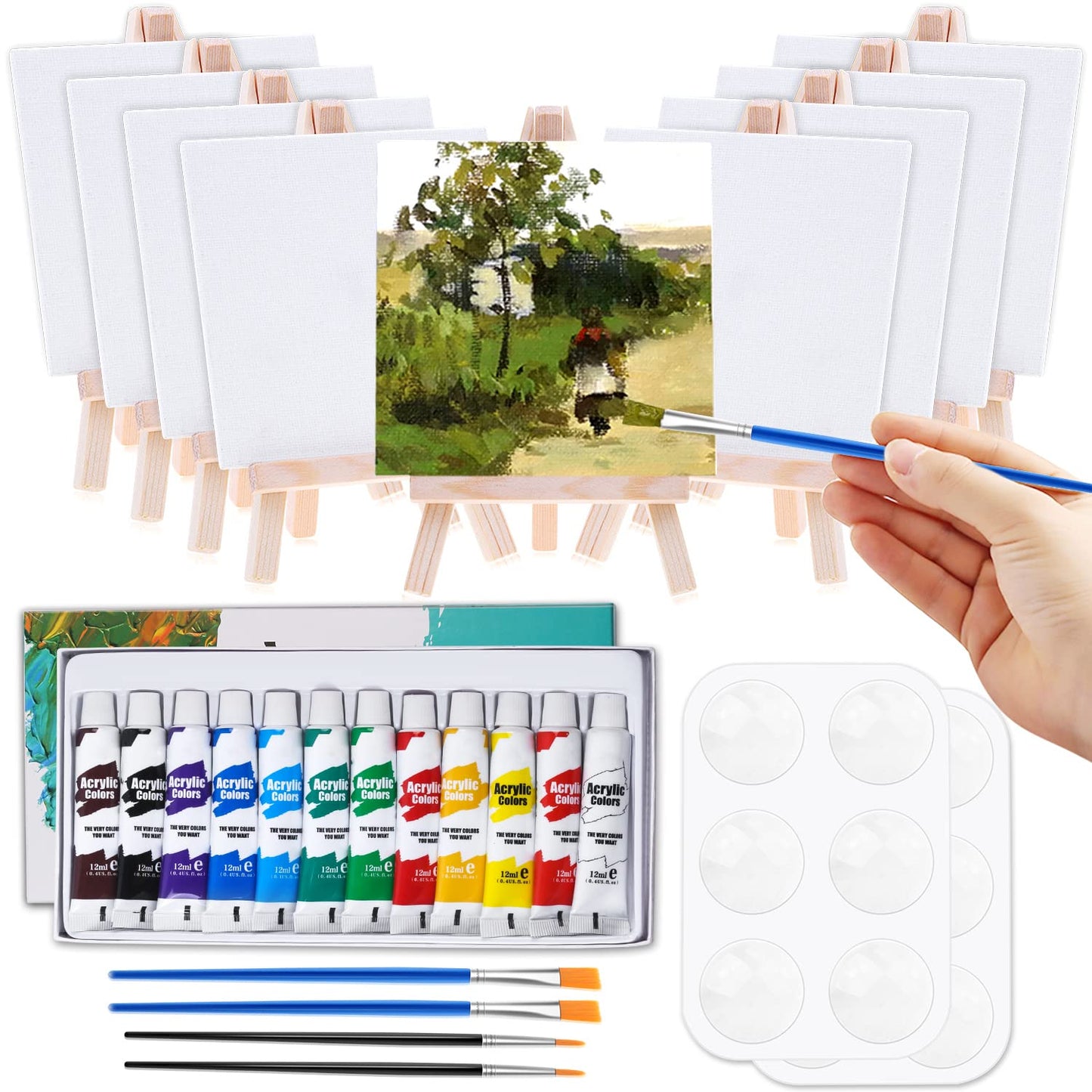 Mini Canvas and Easel Set 4x4 Inches with Paint Brushes