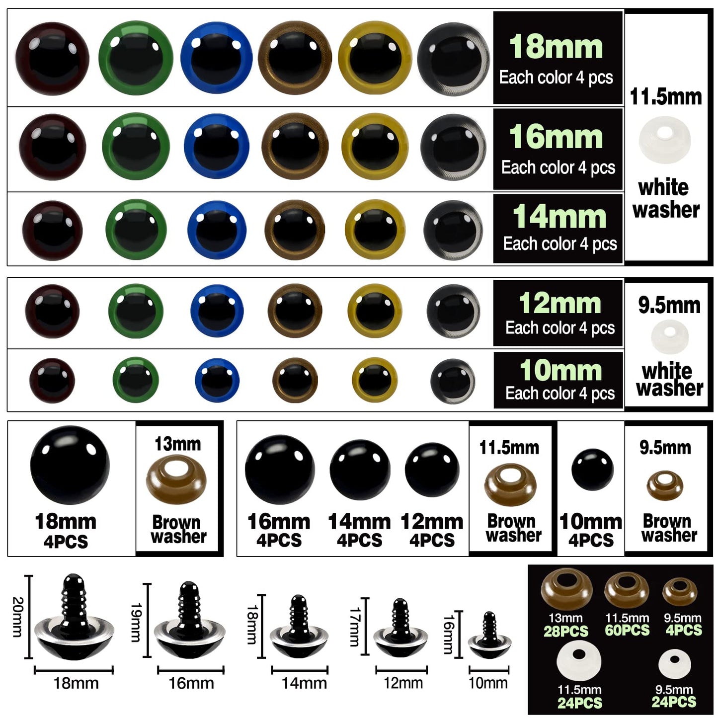 Colorful Safety Eyes Set 140pcs 10-18mm for Dolls and Amigurumis