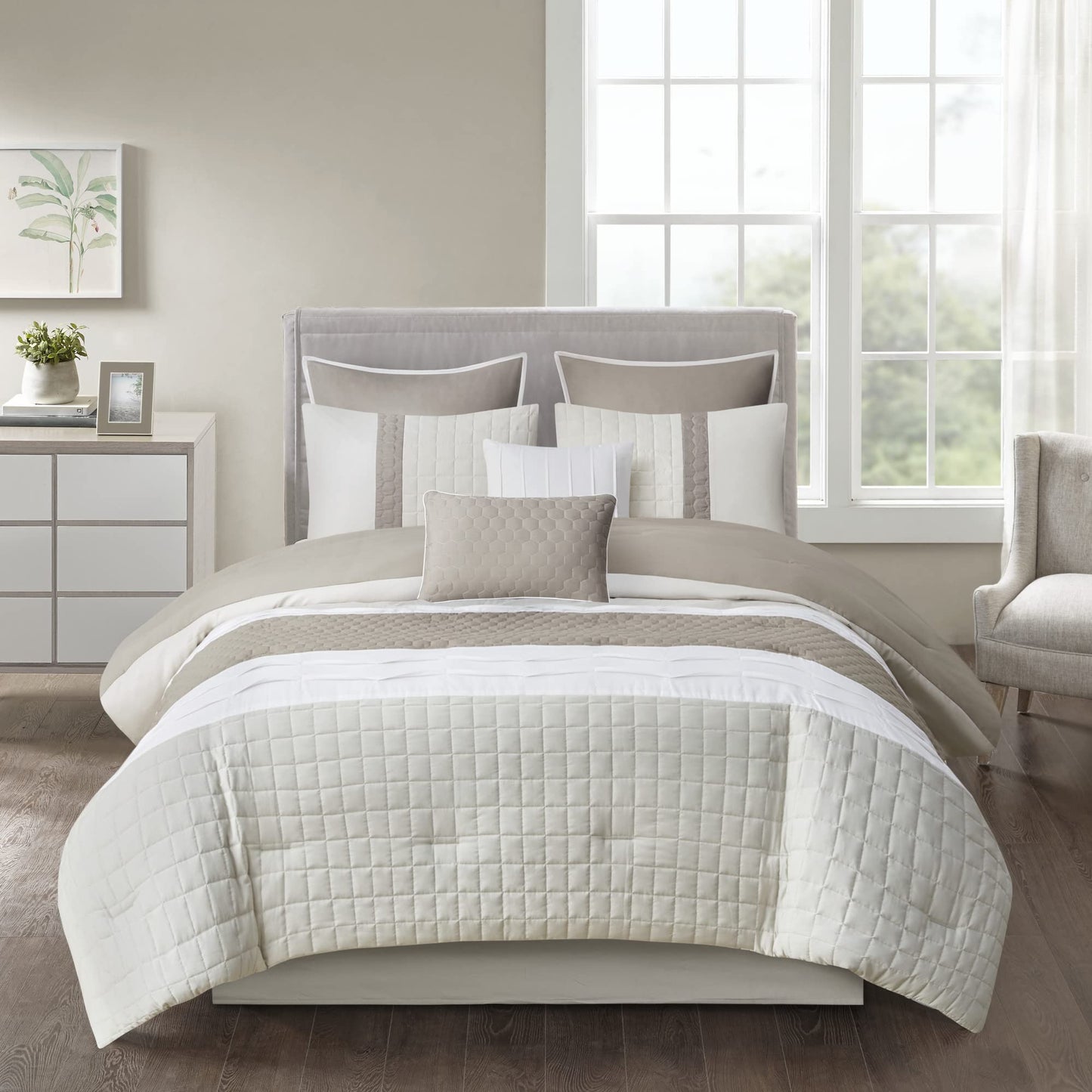Tinsley Cozy Comforter Set  Geometric Honeycomb Design, All Season Down Alternative Casual Bedding with Matching Shams, Decorative Pillows, King(104"x92"), Khaki 8 Piece