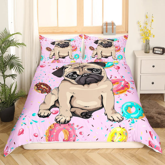 Cute Puppy Comforter Cover Set,K aii Pug Dog Multicolor Donut Duvet Cover for Kids Boys Girls,Sweet Dessert Lovely Pet Animal Theme Bedding Set for Bedroom Decor,Lightweight Soft Quilt Cover Twin