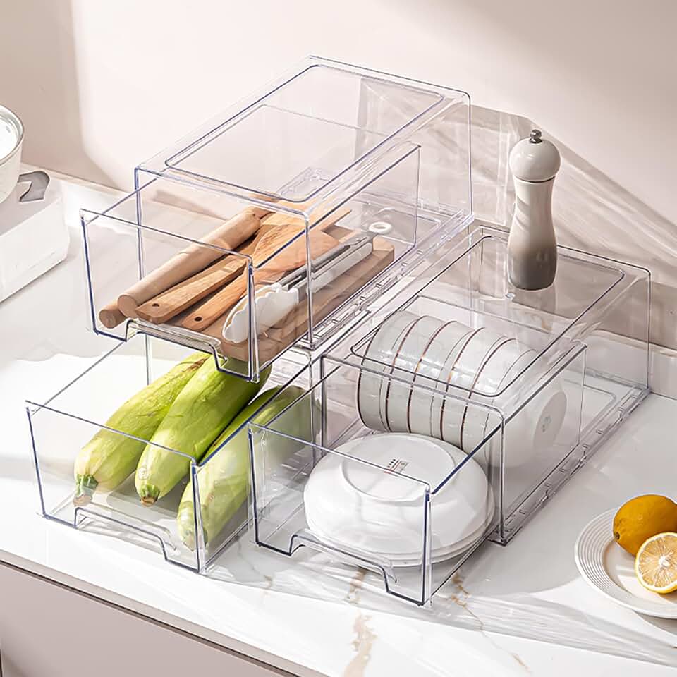 Clear stackable refrigerator organizers with pull-out drawers