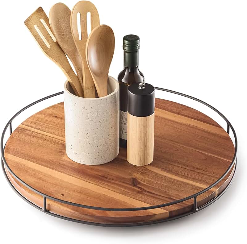 Large 18-inch Acacia Wood Lazy Susan with Metal Frame