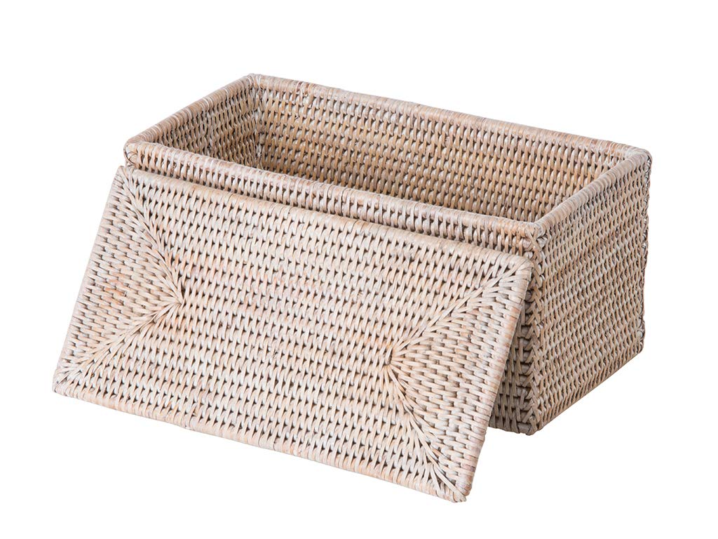 La Jolla Rectangular Rattan Box, White-Wash Tet Roll Storage Basket