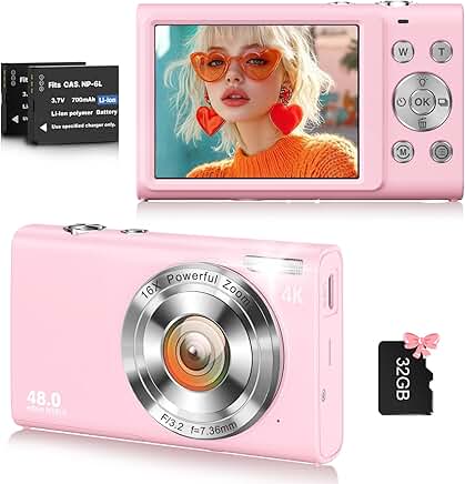Pink 48MP 4K Vlogging Camera with 16X Zoom and 32GB Card