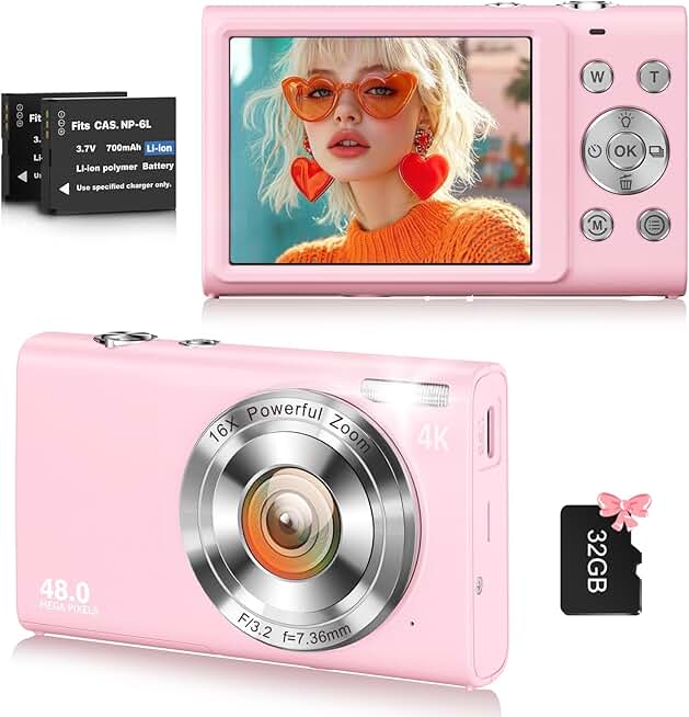 Pink 48MP 4K Vlogging Camera with 16X Zoom and 32GB Card