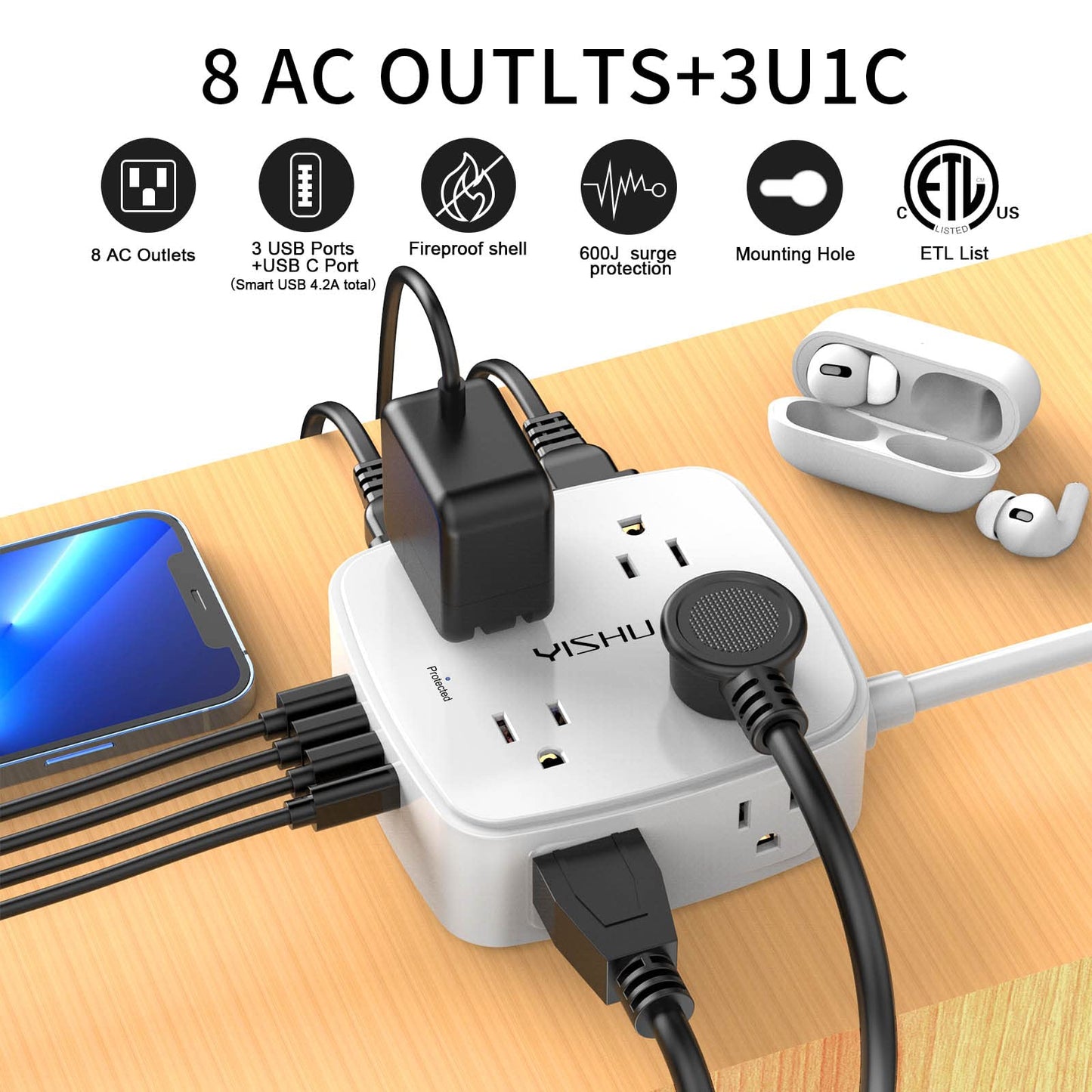 6 Ft Surge Protector Power Strip - 8 Widely Outlets with 4 USB Ports, 3 Side Outlet Extender with 6 Feet Extension Cord, Flat Plug, Wall Mount, Desk USB Charging Station, ETL ,White