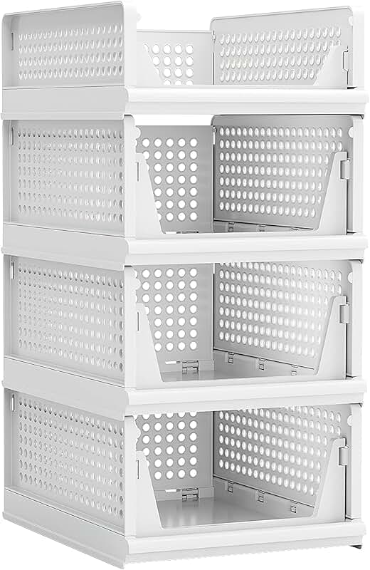 Four Stackable Plastic Storage Baskets for Home Use