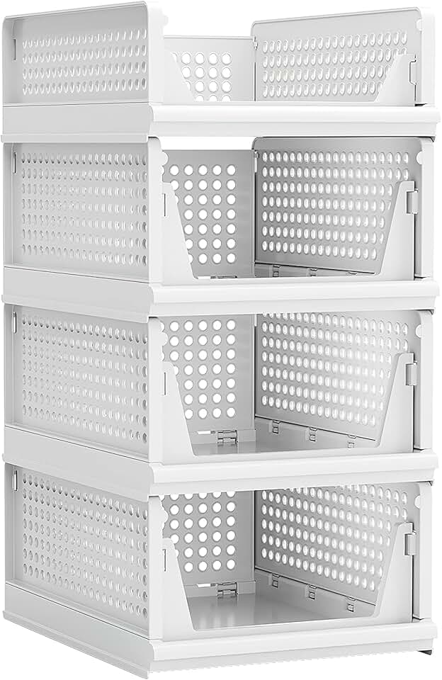 Four Stackable Plastic Storage Baskets for Home Use