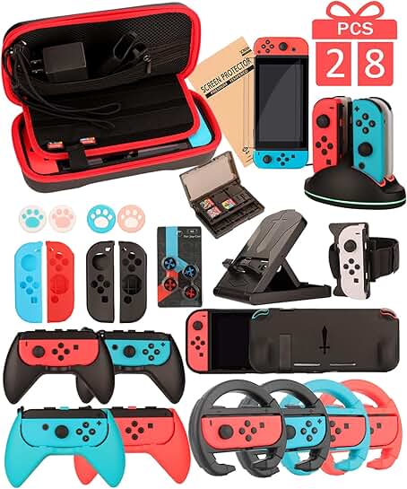 Family Nintendo Switch Accessory Bundle with Case, Screen Protector, Joy Con Grips, Steering Wheels, Stand, Charger, and More