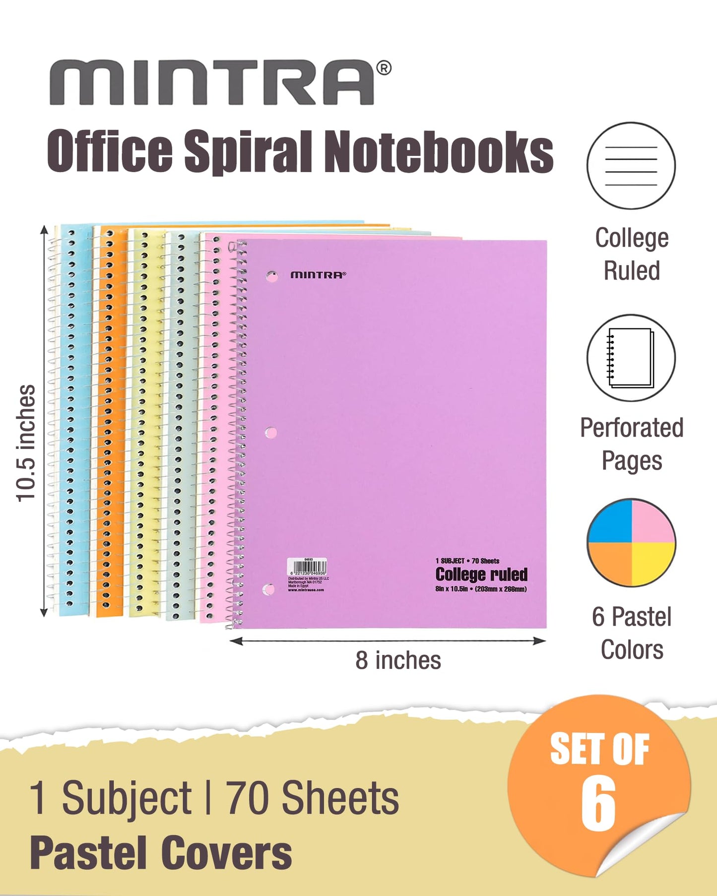 Set of 6 Pastel Cover Spiral Notebooks, 70 Sheets