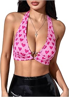 Women's Y2k Halter Top with Heart Print and Tie Back