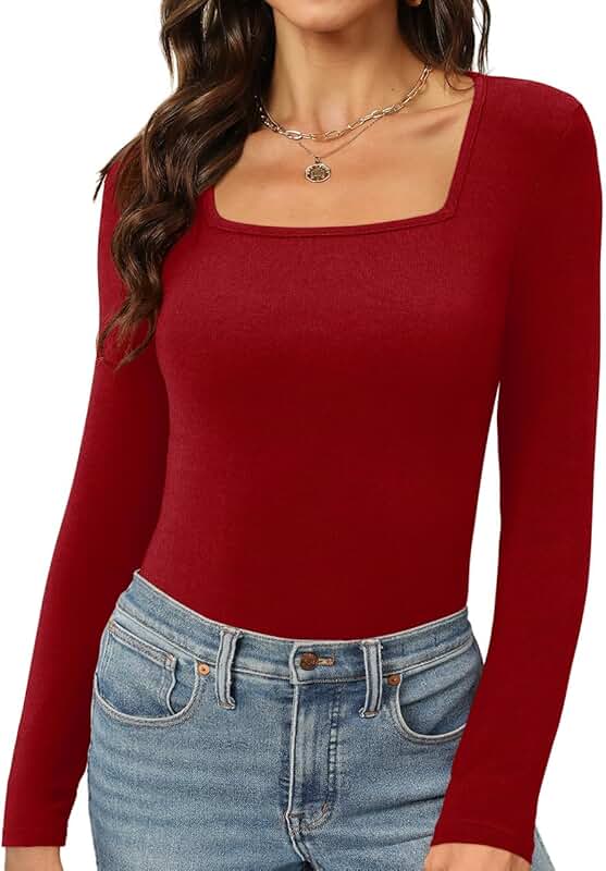 Women's Long Sleeve Square Neck Top 2024 Slim Fit Shirt