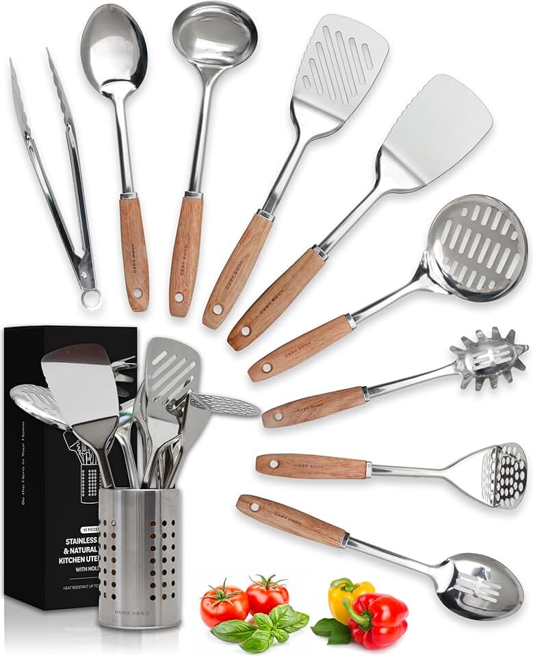 Stainless Steel Kitchen Utensils Set with Wood Handles
