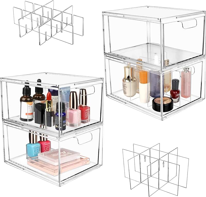 Stackable Cosmetic Drawer Organizer with Removable Partitions