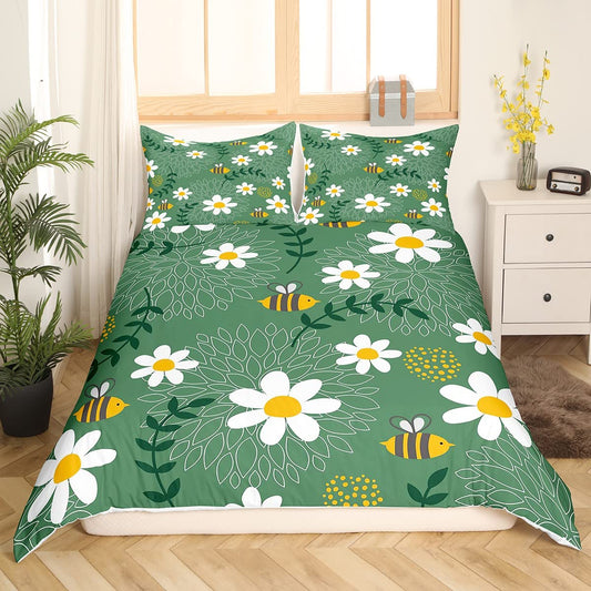 Honey Bee Bed Set,Daisy Flower Bedding Sets Twin Size,Leaves Floral Duvet Cover Set for Kids Boys Girls Teens,Cartoon Bee Decor Comforter Cover for Home Room Decor,Cute Animal Quilt Cover Soft Cozy