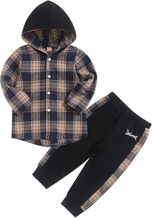 Toddler Boys Flannel Hooded Top and Pants Set