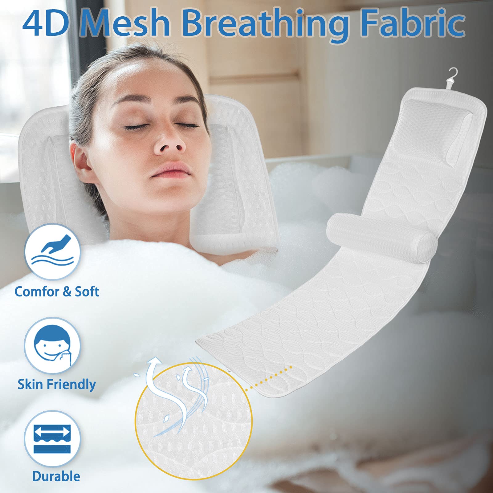 Full Body Bath Tub Pillow Bathtub Cushion, Spa Mat with Adjustable Lumbar Pillow 16 Suction Cups, 4D Mesh Washable Breathable Soft, with Laundry Bag, Bath Sponge
