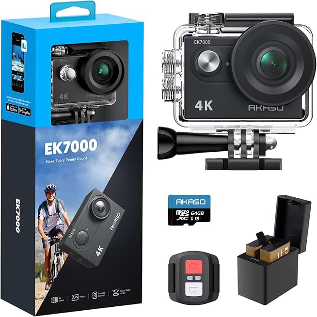 4K Action Camera with 64GB Card, Waterproof, Remote