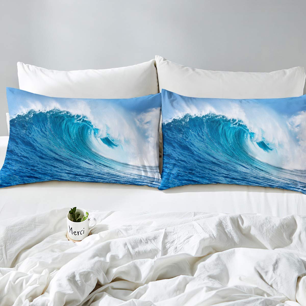 Ocean Wave Duvet Cover Set Twin for Kids Summer Sea Beach Bedding Set H aiian Tropical Bedding Cover Microfiber Comforter Cover with 1 Pillow Shams, Blue,Zipper, 2Pcs