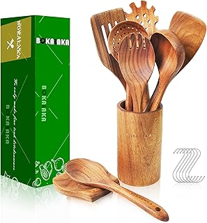 9-Piece Teak Wooden Cooking Spoons with Holder