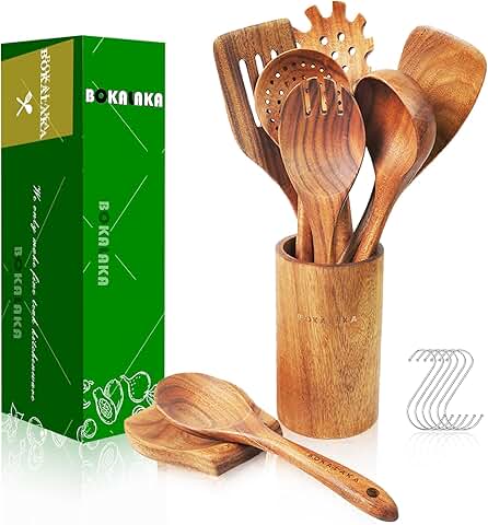 9-Piece Teak Wooden Cooking Spoons with Holder