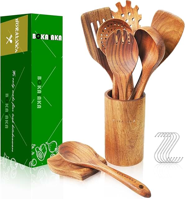 9-Piece Teak Wooden Cooking Spoons with Holder