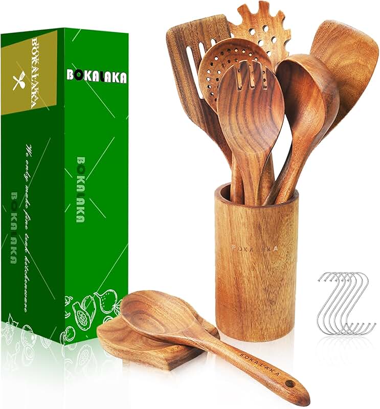 9-Piece Teak Wooden Cooking Spoons with Holder