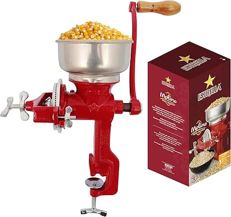Manual cast iron corn grinder with 14-inch height and 5-inch hopper