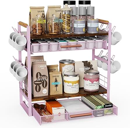 Pink 4-Tier Coffee Station Organizer with 2 Drawers and Mug Holders
