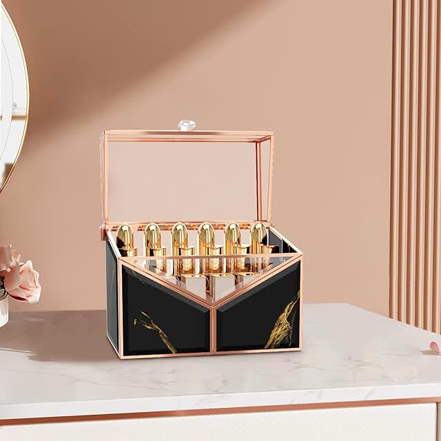 Black Glass Lipstick and Nail Polish Organizer with 18 Slots