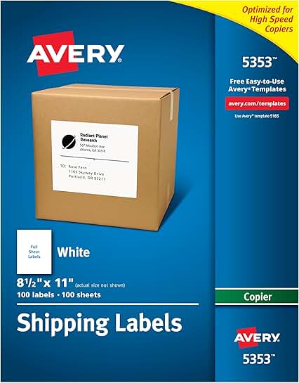 White 8.5" x 11" Printable Shipping Labels, 100 Sheets