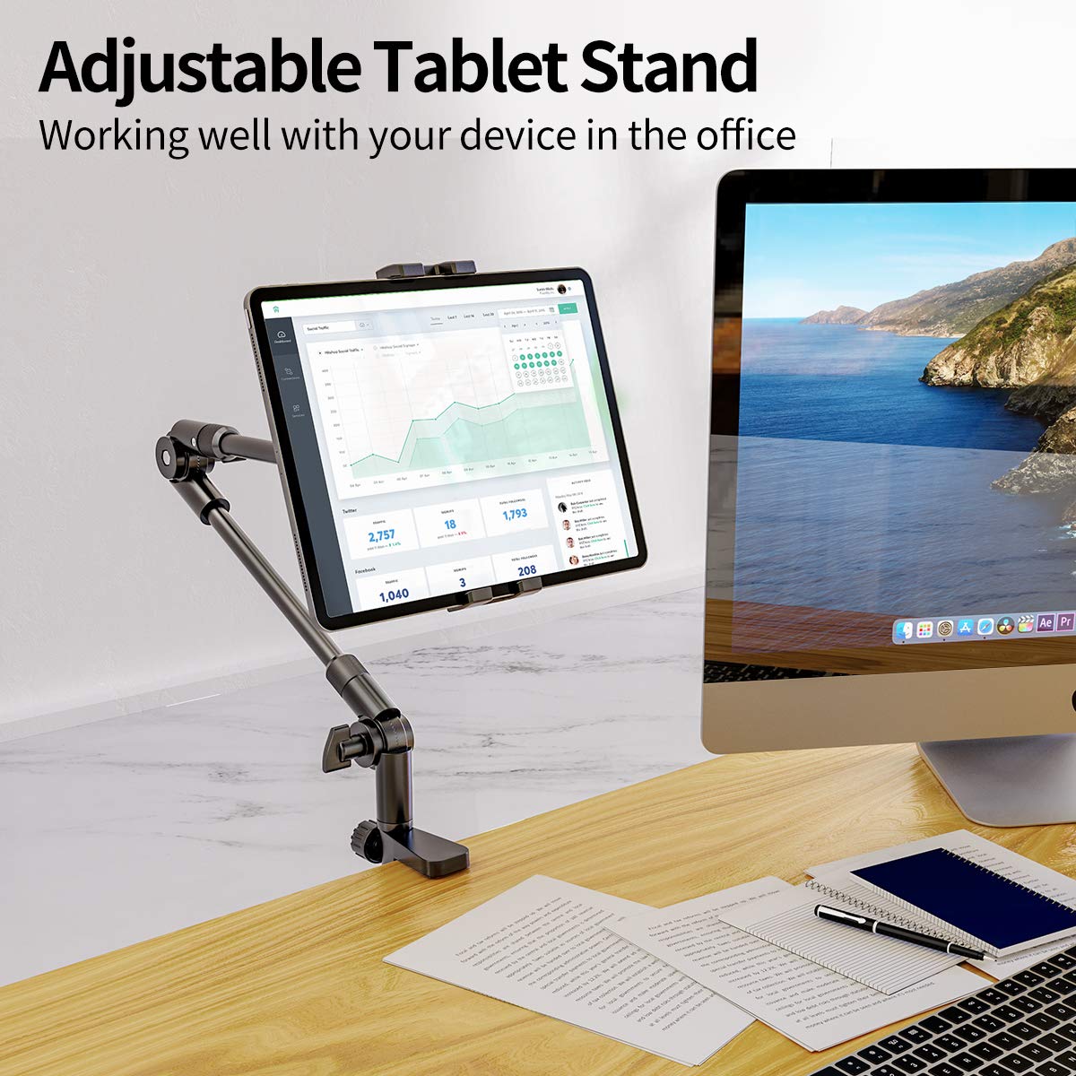 Tablet Stand Holder with 360 Phone iPad Tripod Mount, 27in Long Arm Webcam Stand Projector Camera Mount for Desk, Fit for 4.7"-13" Devices, iPad Pro 12.9 Air Mini, Galaxy Tabs, Switch, Kindle, iPhone