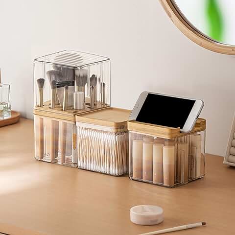 3-Pack Makeup Organizer with Lids and Brush Holders