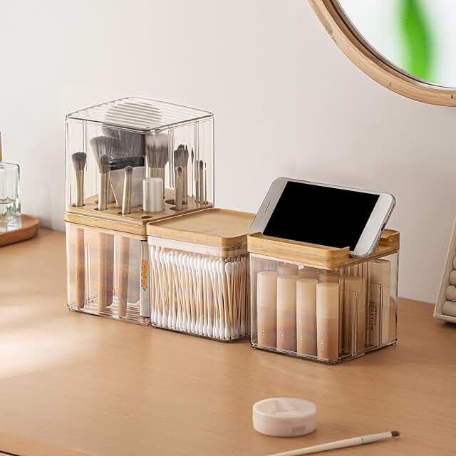 3-Pack Makeup Organizer with Lids and Brush Holders