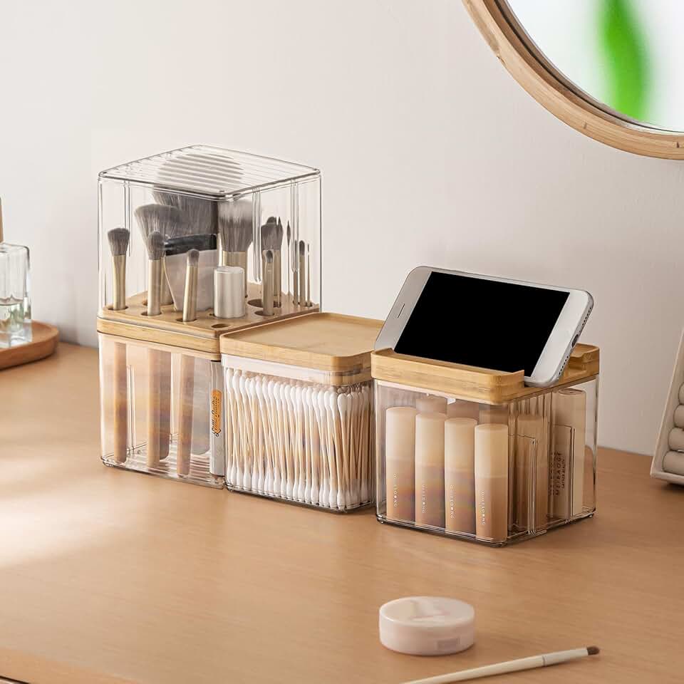 3-Pack Makeup Organizer with Lids and Brush Holders