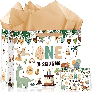 Large Dinosaur First Birthday Gift Bag with Card and Tissue