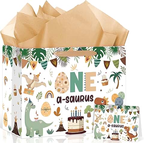 Large Dinosaur First Birthday Gift Bag with Card and Tissue